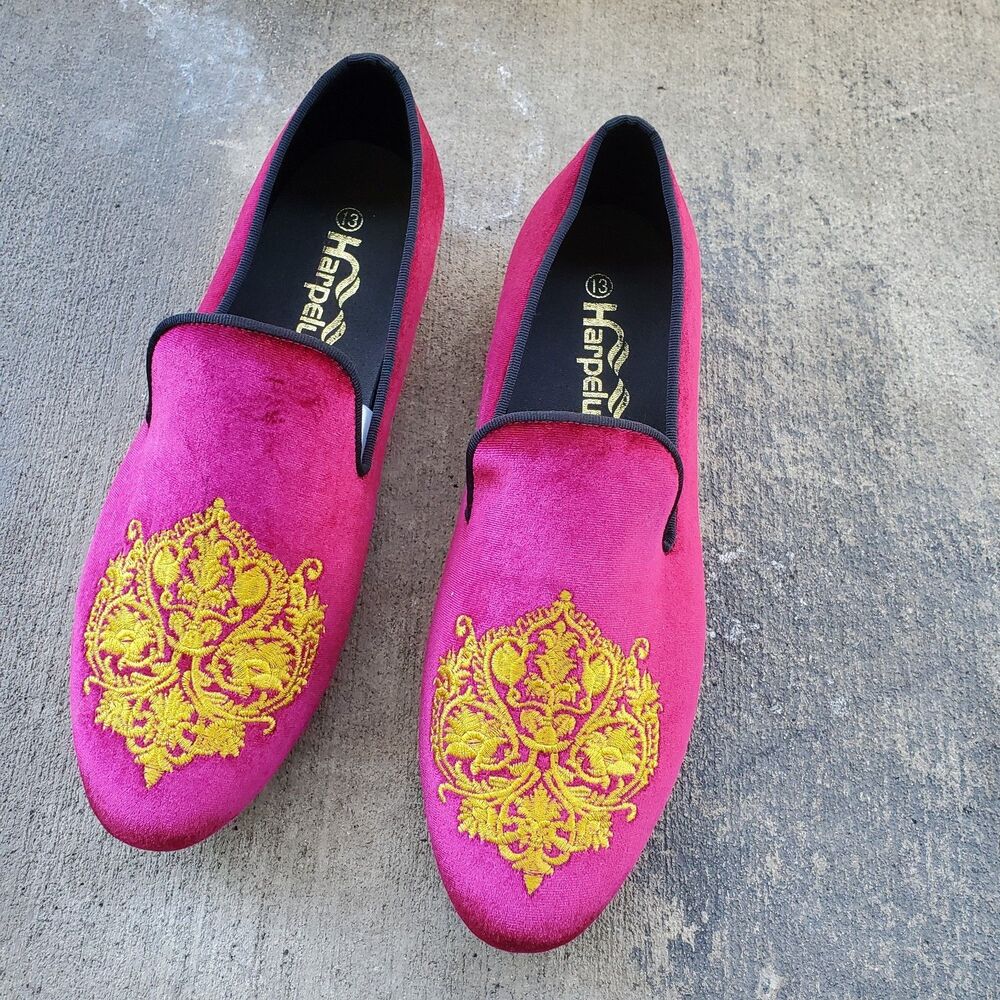Harpelunde Men Moccasins Embroidered Velvet Loafers Smoking Slippers Size 13